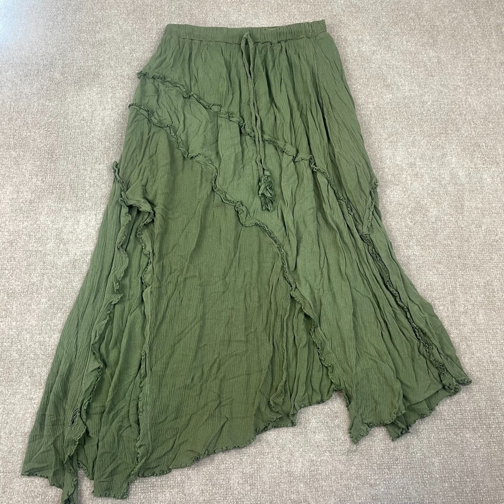 Blue Blossom Asymmetrical Midi Skirt Womens L Earthy Green Pleated Drawstring